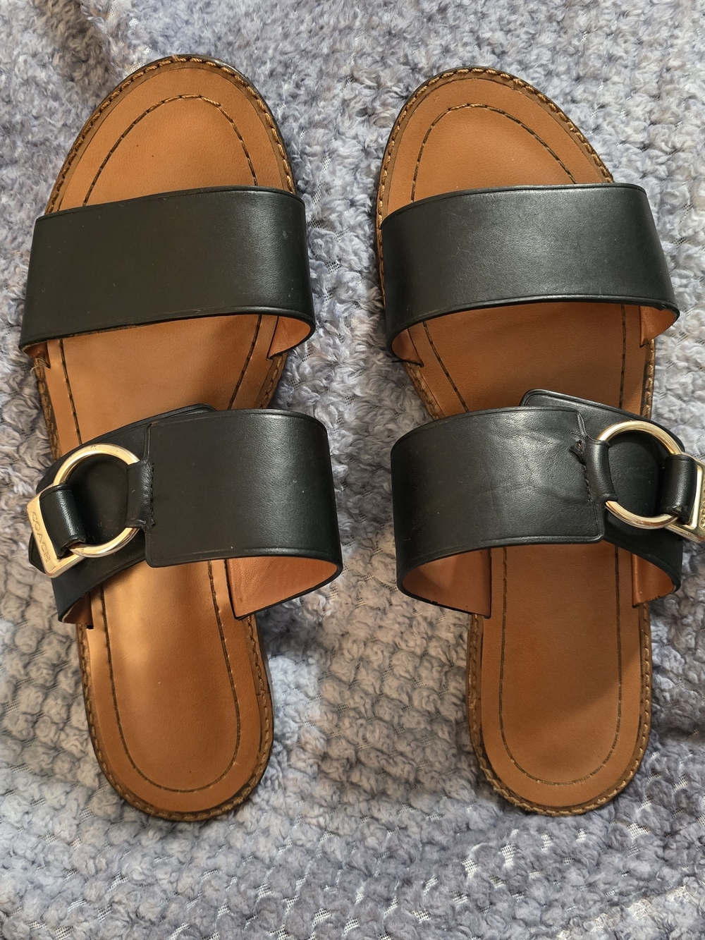 Coach Women’s Black Double-Band Slide Sandals with Gold Ring Accent